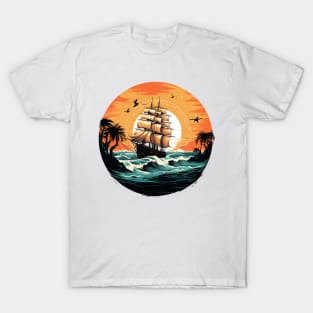 A vintage looking ship sails across the giant waves in a sunset enviornment T-Shirt